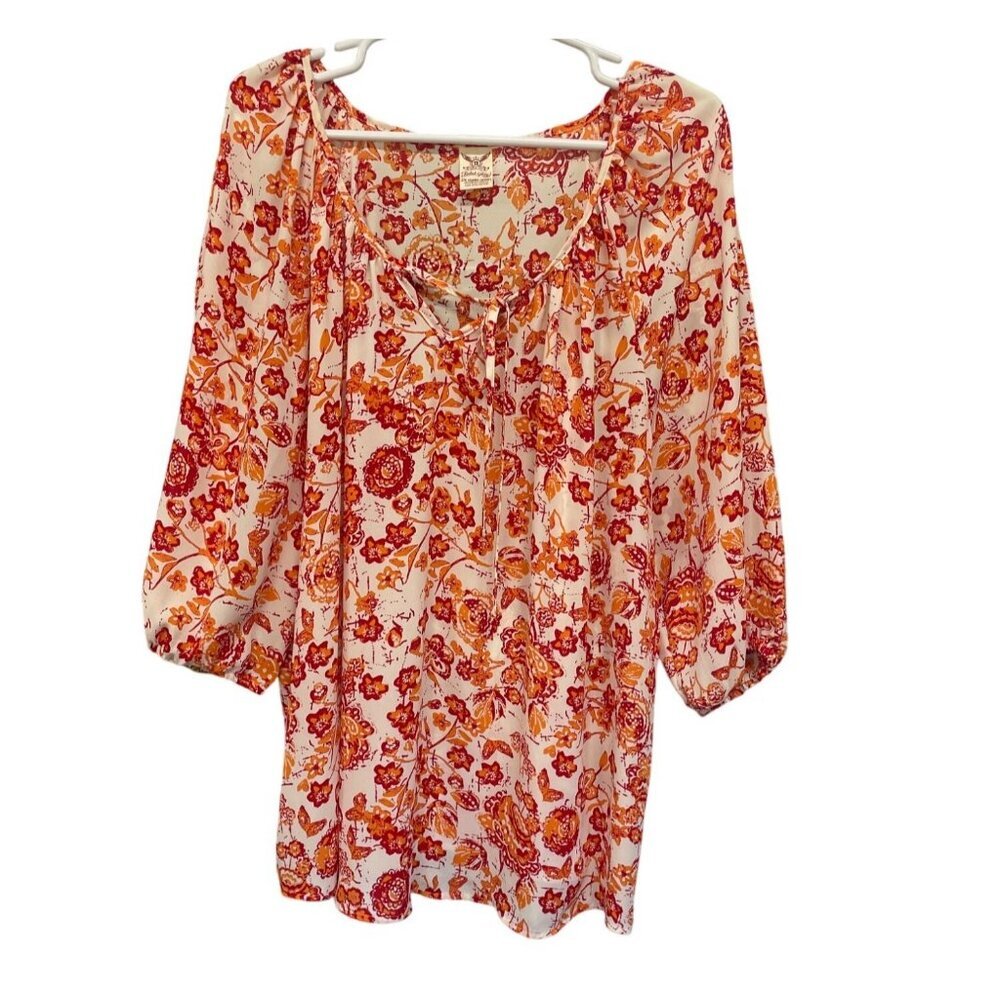 Floral Peasant Top Blouse Tie Neckline & 3/4 Sleeves Faded Glory 2X Orange Red